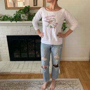 White boatneck sweatshirt with funny birds